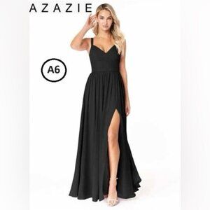 Azazie, Women's A-Line Pleated Chiffon Floor-Length Dress - Black. Size: A6. NWT